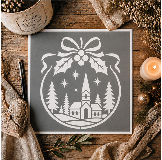 Pochoir Adhésif Boule de Noël 20x20 cm – Village, Église, Sapins et Étoiles