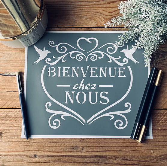 Pochoir Adhésif Style Vintage PVC, Motif Cœur Bienvenue, 25 x 20 cm