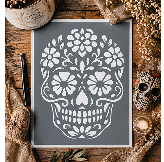 Pochoir Tête de Mort Mexicaine Calavera 25x20 cm – Stencil Adhésif Réutilisable