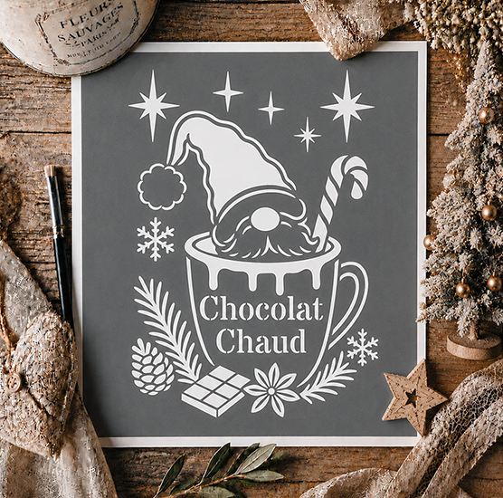Pochoir Adhésif Père Noël Chocolat Chaud 25x20 cm – Bonhomme de Neige, Flocons, Sapin et Noël