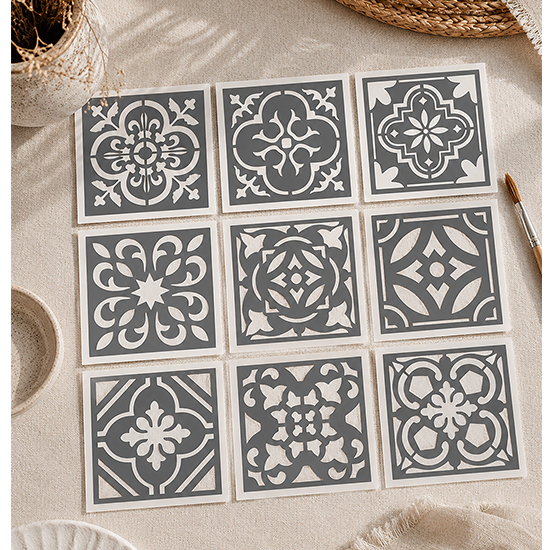Lot de 9 Pochoirs Adhésifs 10x10 cm Style Carreaux de Ciment – Décoration DIY Vintage