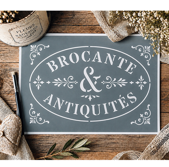 Pochoir Adhésif Vintage Brocante & Antiquités 30x20 cm – Déco Shabby Chic et Esprit Rétro