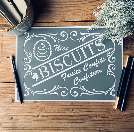 Pochoir Adhésif Style Vintage en PVC, Motif Affiche Cuisine Biscuits, 30 x 20 cm