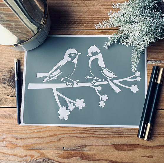 Pochoir Adhésif Style Nature en PVC, Motif Oiseaux Sur Branche, 25 x 20 cm