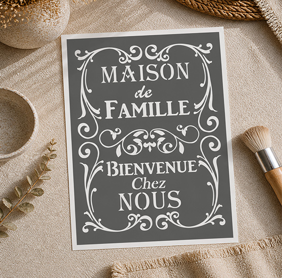 Pochoir Adhésif Maison Famille Bienvenue Chez Nous Vintage 30x20 cm Déco Meuble DIY Réutilisable