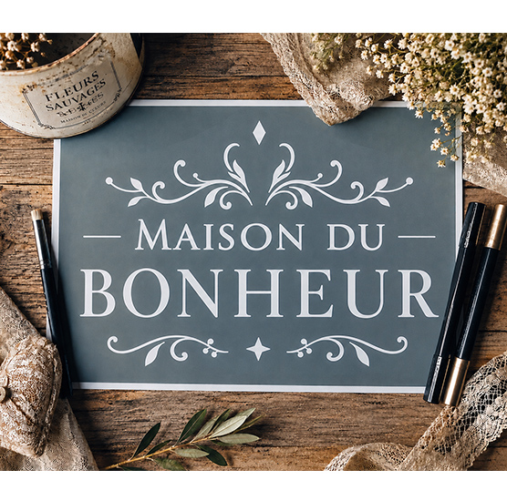 Pochoir Adhésif Maison du Bonheur 30x20 cm – Déco Campagne Chic et Ambiance Vintage