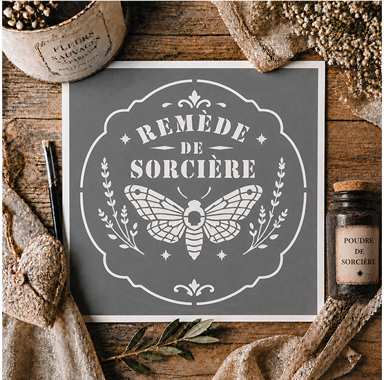 Pochoir Adhésif Halloween Remède de Sorcière 20x20 cm – Abeille, Botanique et Apothicaire Gothique