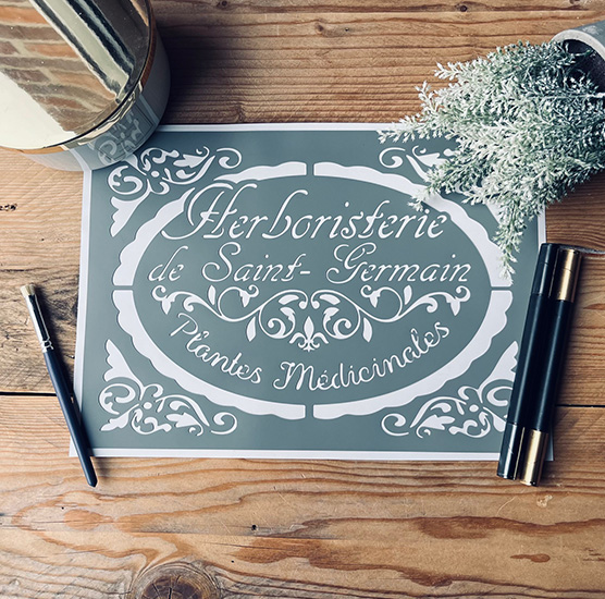 Pochoir Adhésif Style Vintage en PVC, Motif Médaillon Herboristerie, 30 x 20 cm