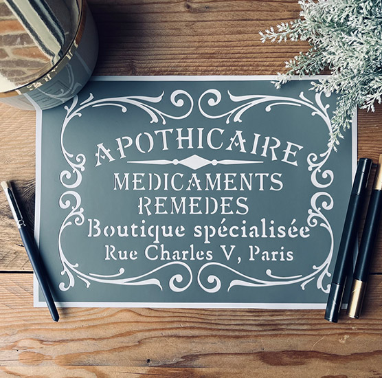 Pochoir Adhésif Style Vintage en PVC, Motif Affiche Apothicaire, 30 x 20 cm